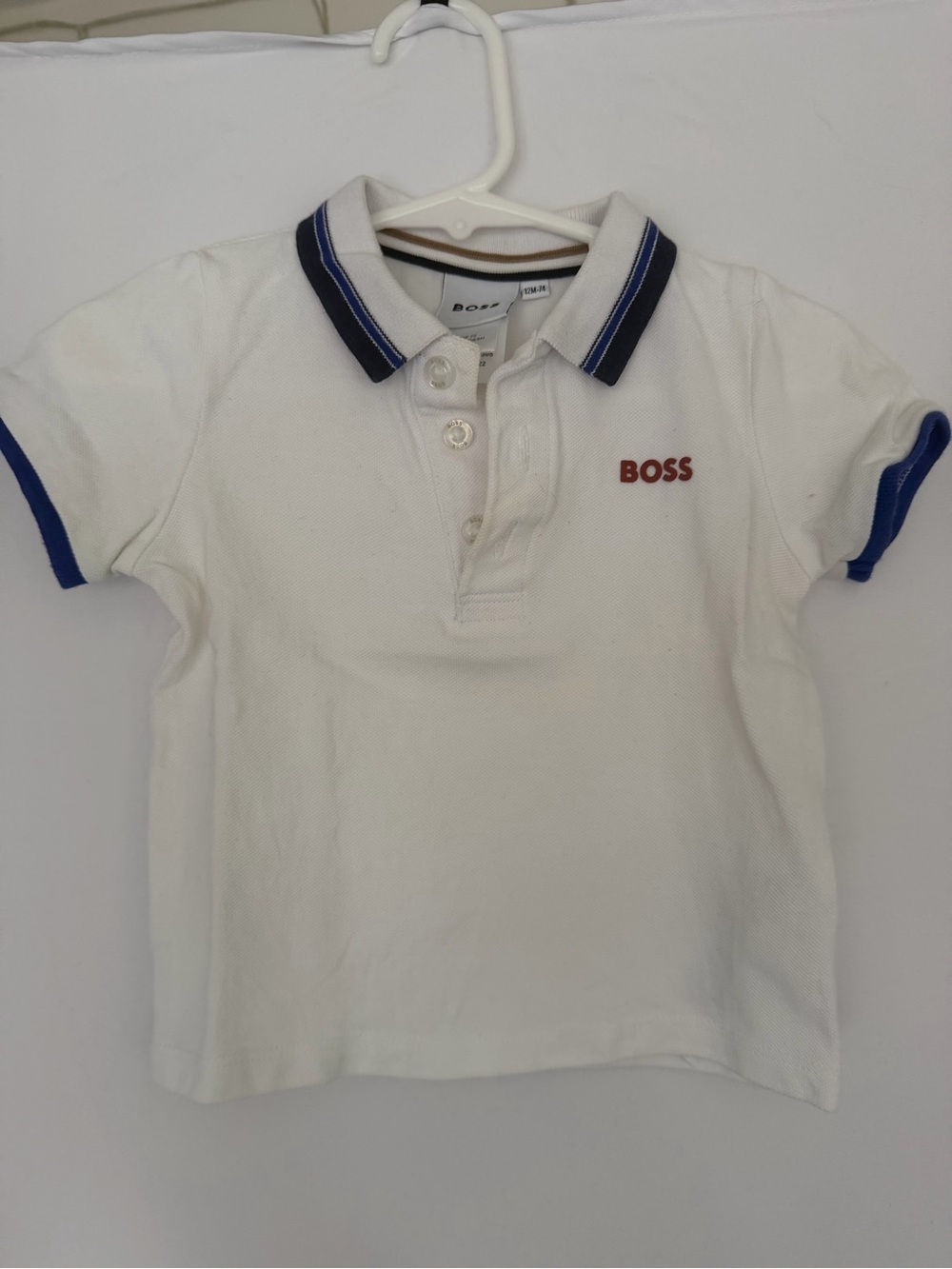 BOSS White Polo with Blue Trim and Red Logo